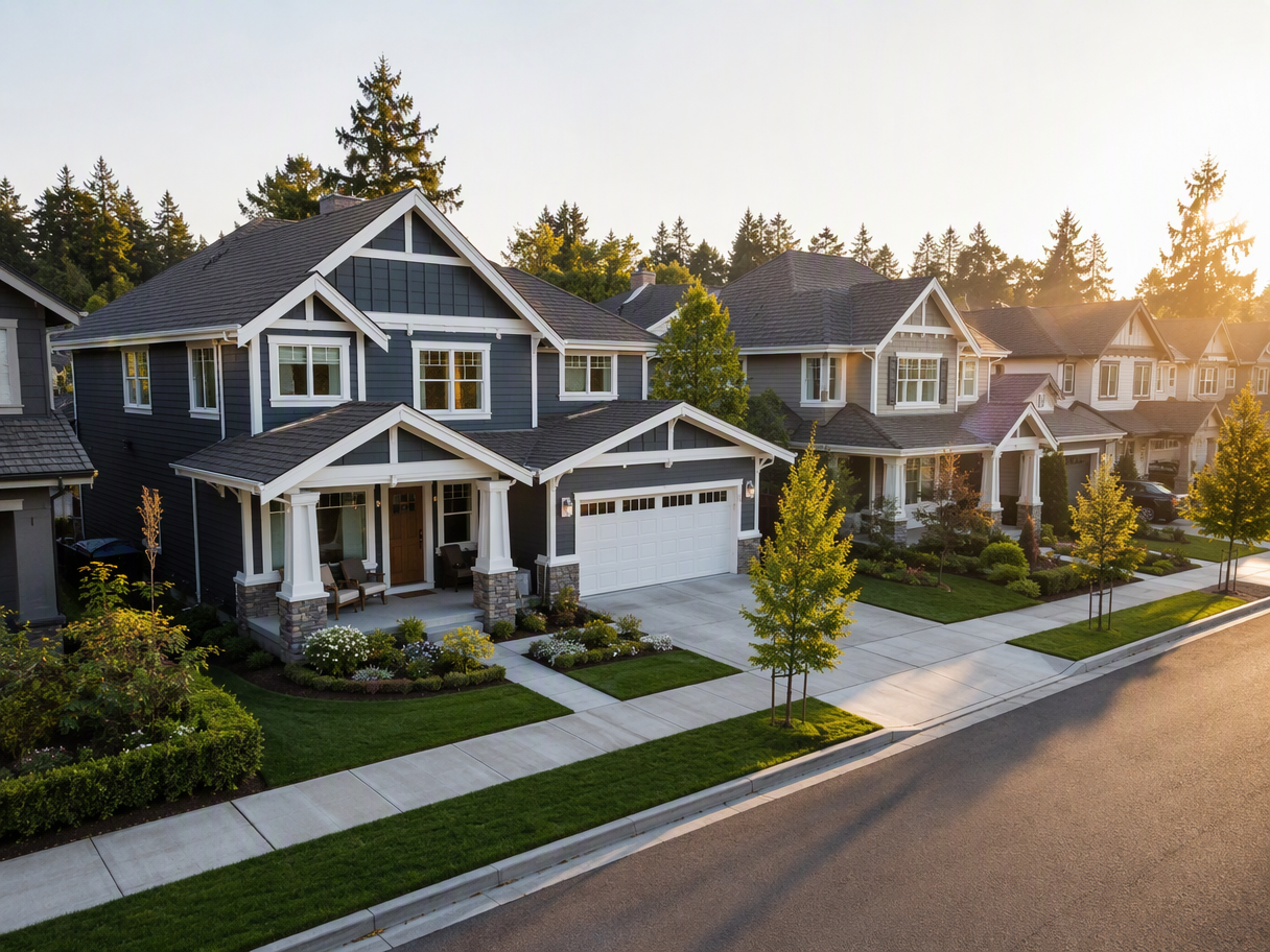 Tree-lined suburban street with elegant two-story homes in warm afternoon light