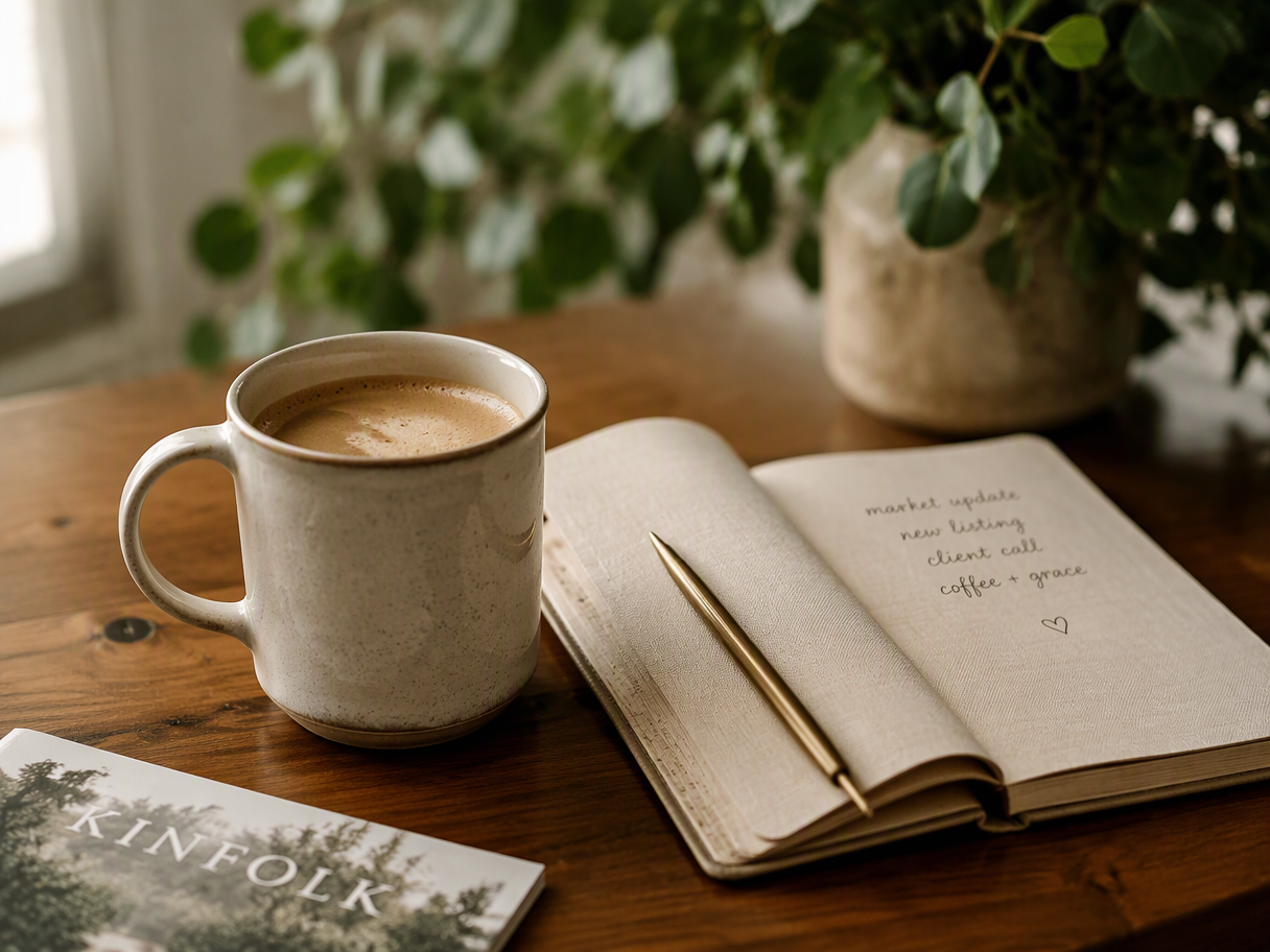 Coffee mug, notebook, and pen on a wooden desk in soft window light
