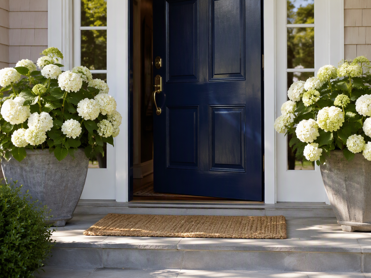 Navy blue front door with a woven doormat and potted hydrangeas on a stone porch