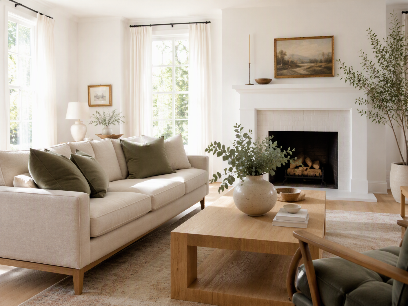 Bright living room with a cream sofa, sage pillows, and sunlight through sheer curtains