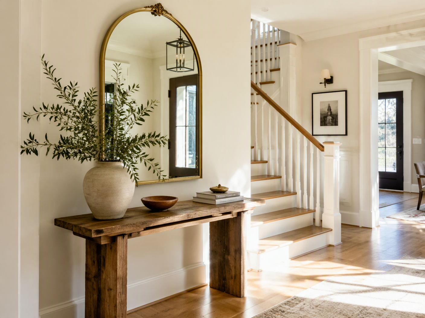 Sunlit entryway with an arched mirror, wooden console table, and oak staircase